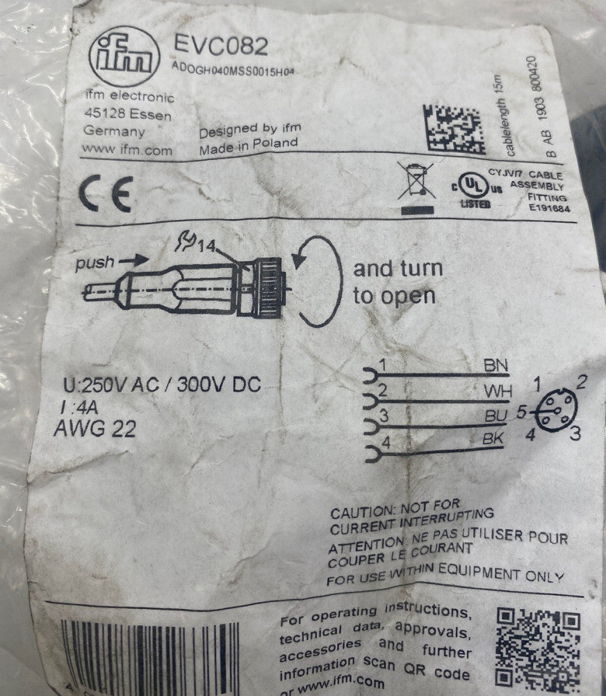 NEW IFM EVC082 Single Ended Cordset, M12 Female to Pigtail, 15M, AWG22 
