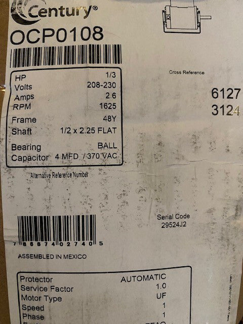 CENTURY OCP0108 Motor, 1/3 HP, 1625 rpm, 48Y, 208-230V 2ZA22