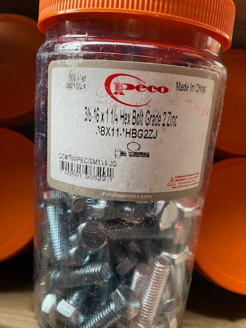 Peco 38X114HBG2ZJ 3/8-16 X 1-1/4 Hex Bolt Grade 2 Zinc - 100 Pack