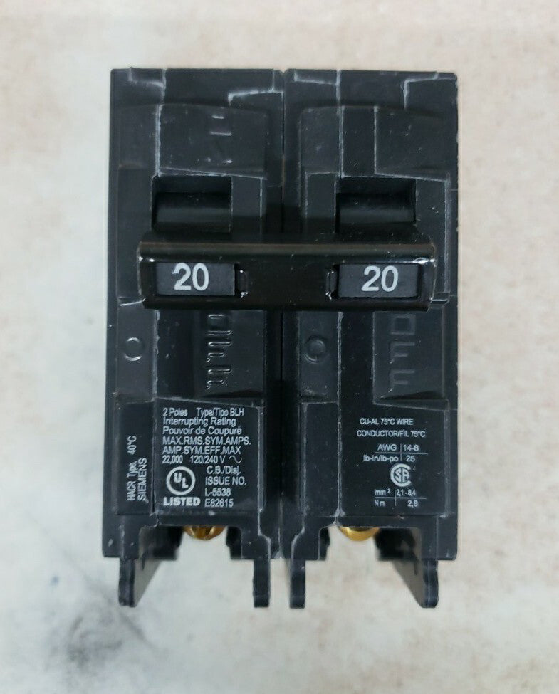 1-Siemens B220H 2 Pole 20A 22kA 120/240V Bolt-On Circuit Breaker