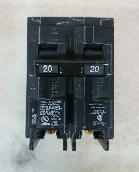 1-Siemens B220H 2 Pole 20A 22kA 120/240V Bolt-On Circuit Breaker