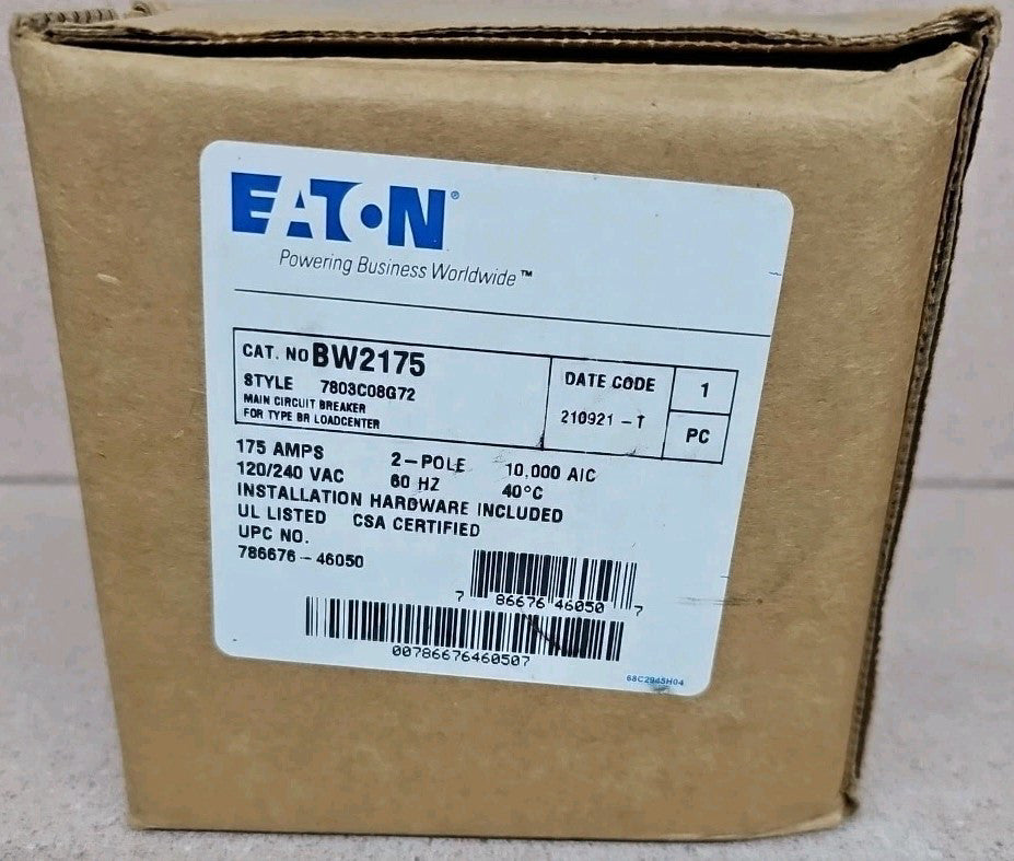 Eaton BW2175 175A 240V Main Breaker Type BW, 175A, 2P, 120/208/240VAC, 10k NEW