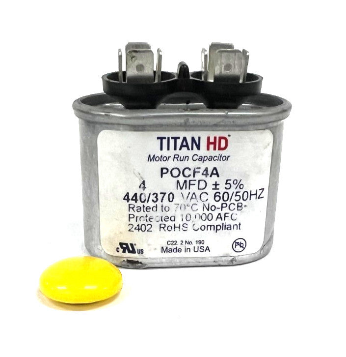 TITAN HD POCF4A MOTOR RUN CAPACITOR 4 MFD 440/370 VOLT 50/60HZ OVAL OAL 2"