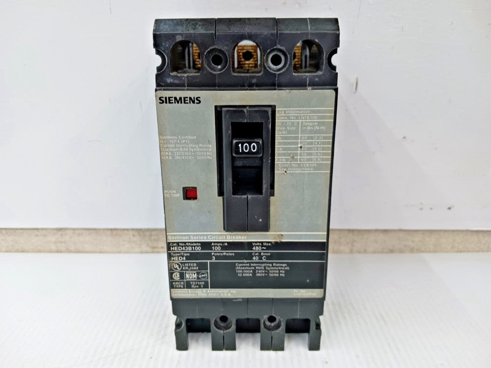 Siemens Sentron 100 Amp Circuit Breaker 3 Pole 480 VAC 42kA HED43B100