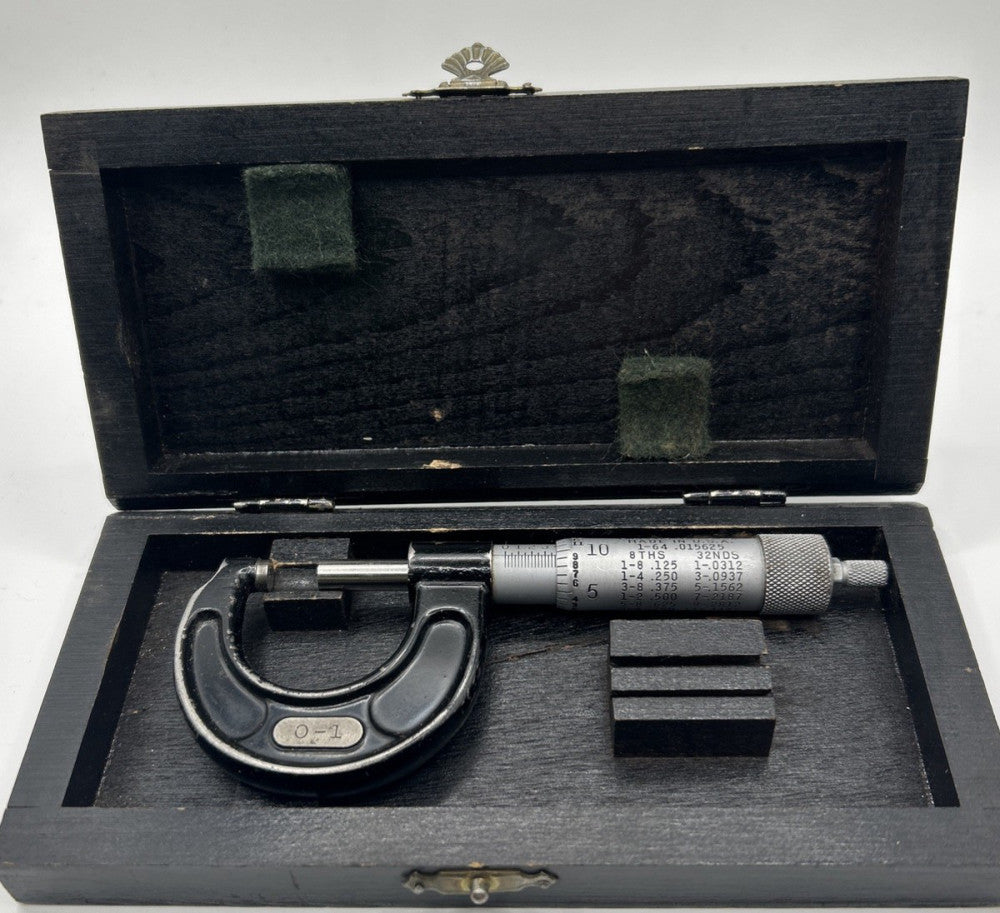 Vtg Millers Fall Micrometer - In Black Wooden Helios Case USA West Germany Made