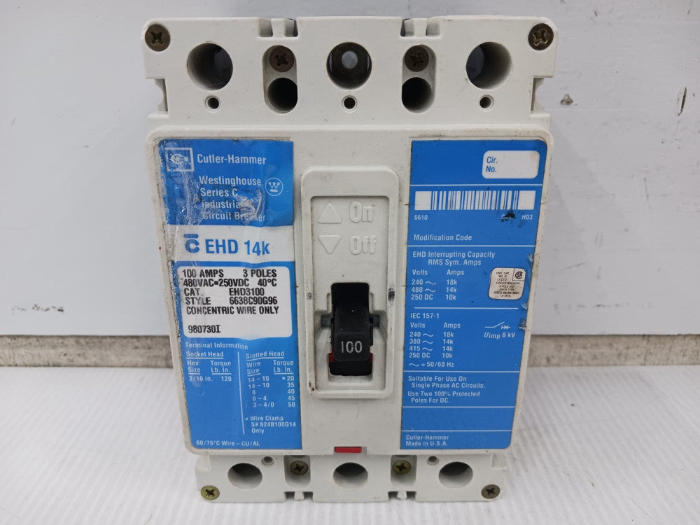 Cutler Hammer / Westinghouse 100 Amp Circuit Breaker 3 Pole 480 VAC 14kA EHD3100