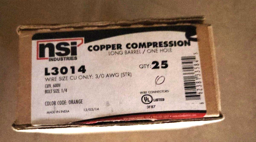 NEW NSI L3014,CU CMP LUG LONG 3/0 AWG 1/4 BOLT SIZE NEW OPEN BOX OF 6