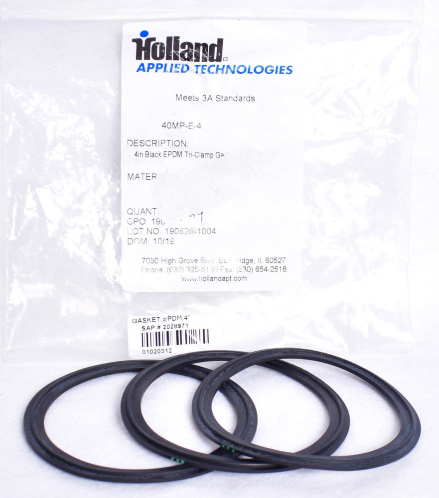 3 Count Holland Applied Tech 4" Black Sanitary EPDM Tri-Clamp Gaskets  40MP-E-4