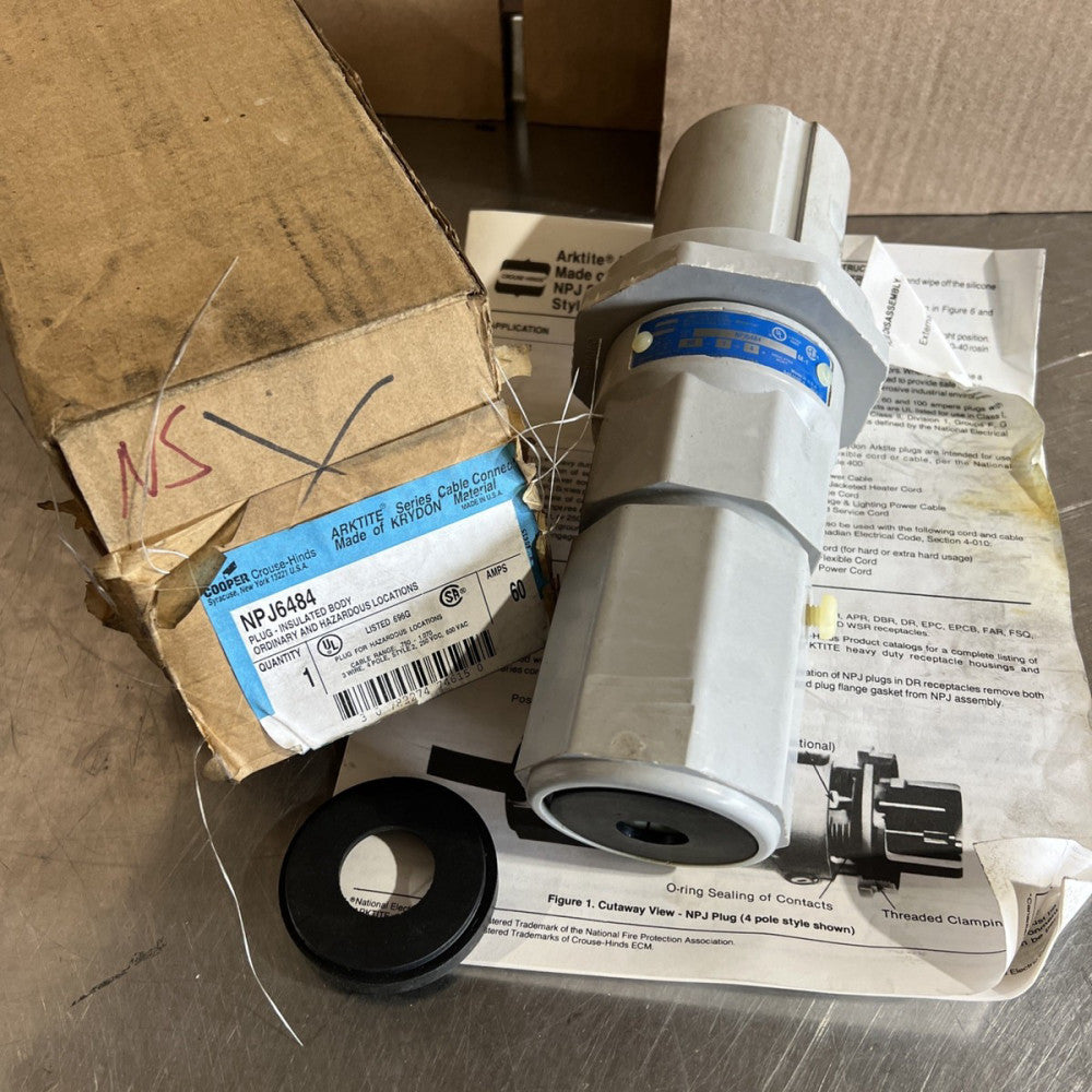 NPJ6484 Crouse-Hinds Arktite Plug Watertight 60A 3W 4P 600Vac/250Vdc Nos Surplus