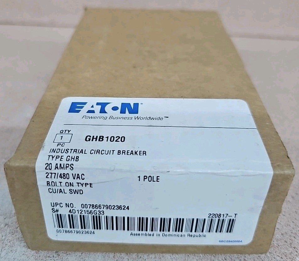 Eaton GHB1020 Circuit Breaker 20A 120/277V 1PH, 1P Bolt-On, 20 AMP NEW