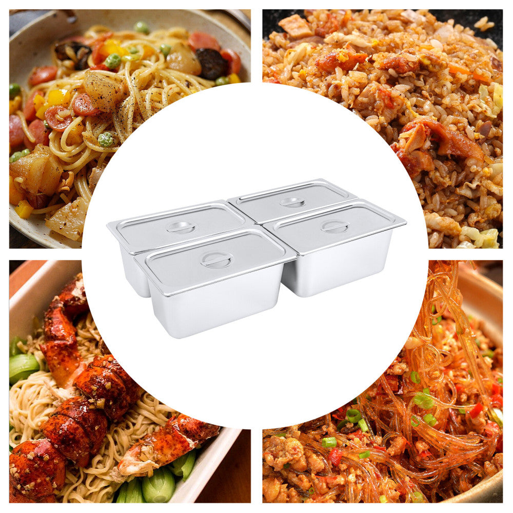 4Pcs 6" Stainless Steel Deep Steam Table Pans with Lids 1/3 Size Hotel Food Prep