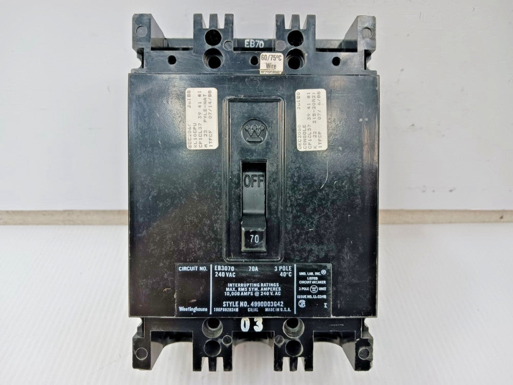 Westinghouse 70 Amp Circuit Breaker 3 Pole 240 VAC 10kA EB3070