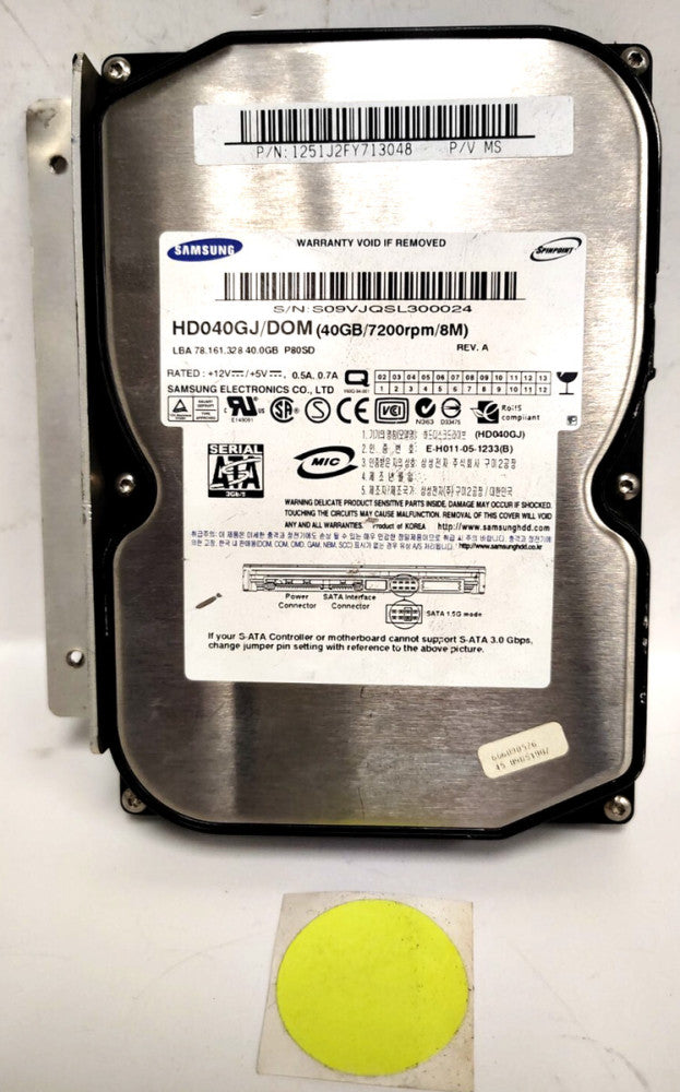 SAMSUNG SPINPOINT HARD DISK DRIVE 12V 0.5A 40GB 7200RPM HD040GJ/DOM