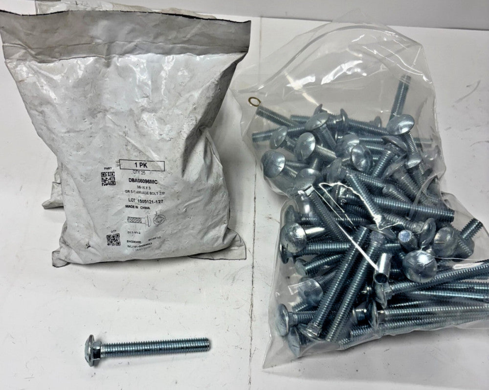 CARRIAGE BOLTS FULL THREADED 3/8"-16X3" ZINC LOT OF 125