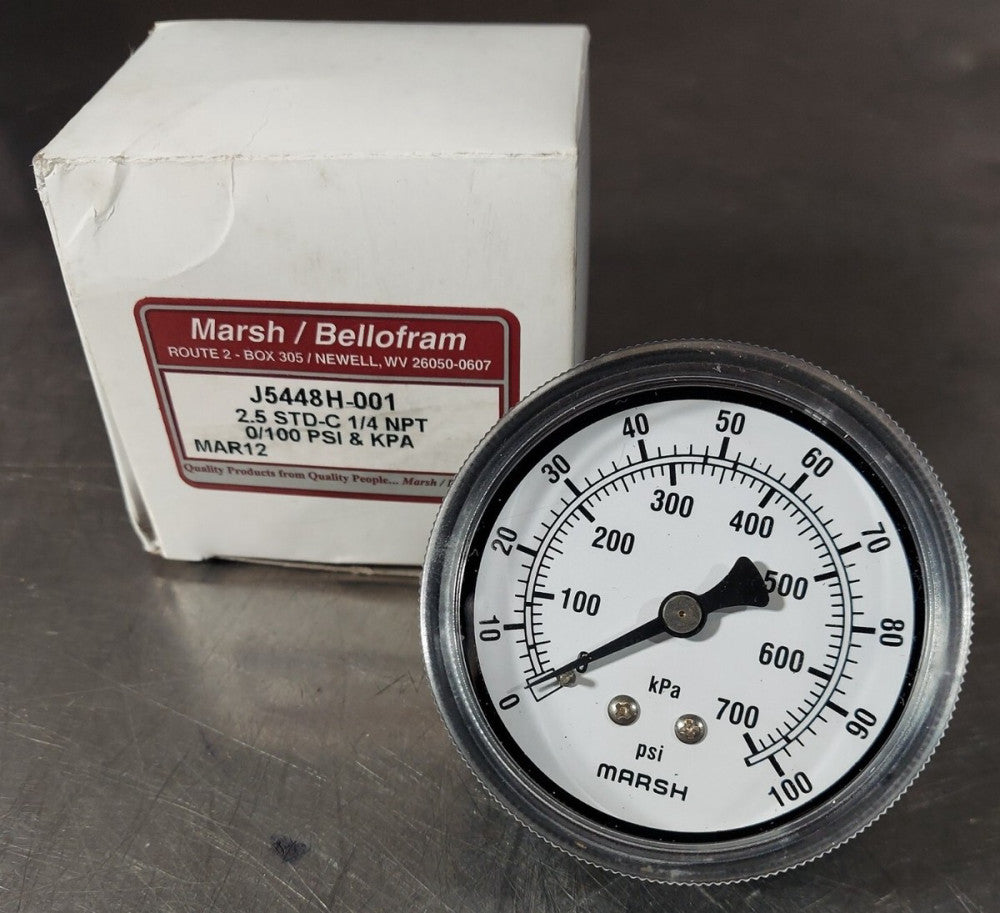 MARSH BELLOFRAM J5448 H-001.  2.5 STD-C 1/4 NPT 0/100 PSI & KPA GAUGE