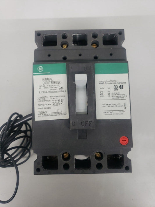 1- GE GENERAL ELECTRIC THED124020 CIRCUIT BREAKER 20 AMP 480V 2 POLE NTO w/SHUNT