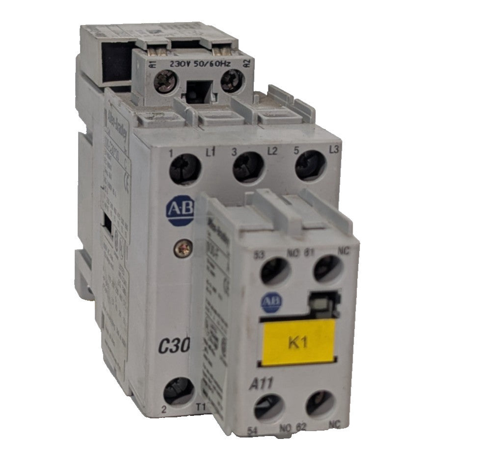 Allen-Bradley 100-C30*00 Ser C contactor, 100-F Ser A auxiliary block, 230V coil