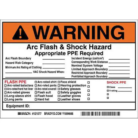 Brady 121077 Arc Flash Protection Label,5 In. H,Pk5, 121077