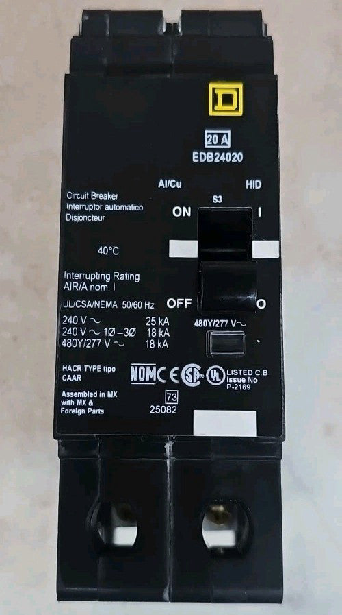 1) New no Box Square D EDB24020 Circuit Breaker 20 Amp 2 Pole 480Y/277V