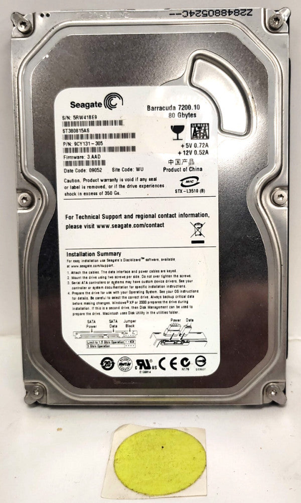 SEAGATE HARD DISK DRIVE 80.0 GB CAPACITY 5V-0.72A/12V-0.52A 9CY131-305
