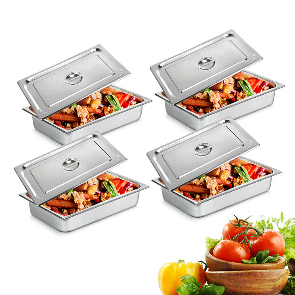 4PCS 4" Deep Full Size Stainless Steel Steam Table Pans w/ Lids Hotel Food Prep
