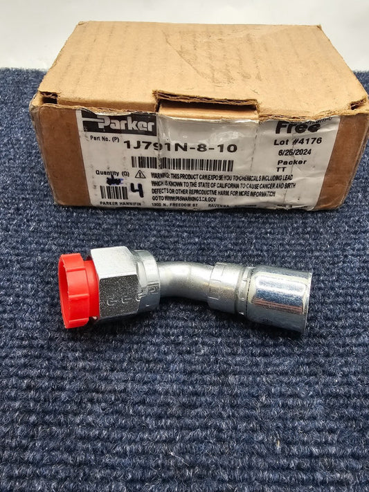 ( QTY 4) Parker 1J791N-8-10: Parkrimp Permanent Female Seal-Lok Swivel 45° Elbow