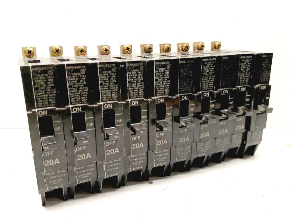 LOT 0F 10) GENERAL ELECTRIC TEY120 20 AMP BOLT-ON CIRCUIT BREAKER 1P 277 VAC