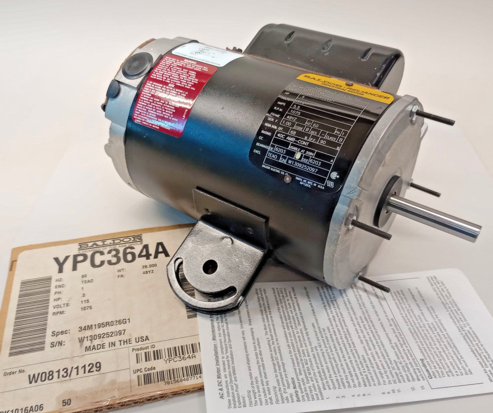 Baldor YPC364A Electric Motor 1ph 0.5hp 115V 60hz 1075rpm TEAO 48YZ 34M195R026G1