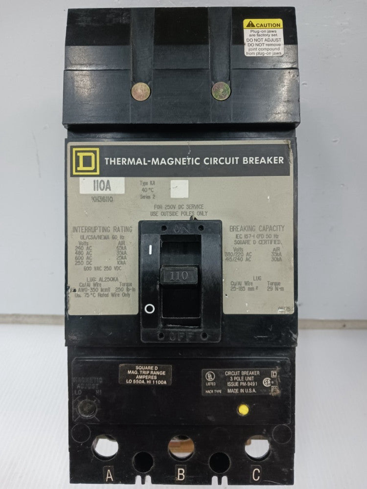 Square D 110 Amp I-Line Thermal-Magnetic Circuit Breaker 3 Pole 600 VAC KH36110