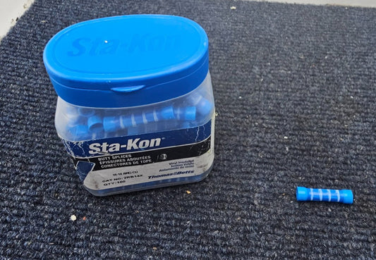 (QTY 100) STA-KON 2RB14X: BUTT SPLICE CRIMP VINYL BLUE 16-14 AWG CU