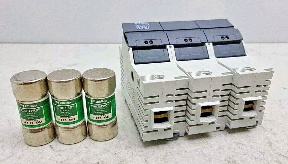 Allen Bradley 1492-FB3J60-L Fuse Holder 60A 600V 3P w/ 3 JTD60 60 Amp Fuses