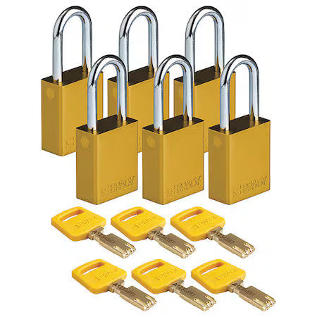 Brady Alu-Ylw-38St-Ka6pk Lockout Padlock,Al,Yellow,Key Alike,Pk6
