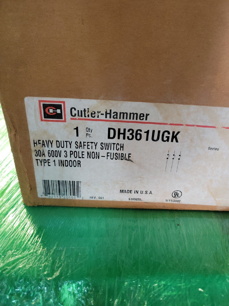 1- CUTLER HAMMER DH361UGK HEAVY DUTY DISCONNECT 30 AMP 3Ø NON FUSE 600V INDOOR