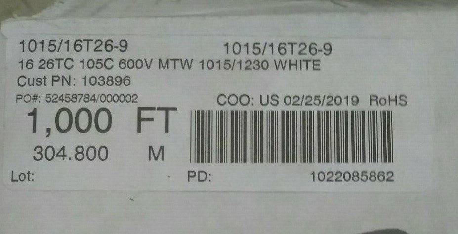 NEW 1015/16T26-9,16 26TC 105C 600V MTW 1015/1230 WHITE 1000FT