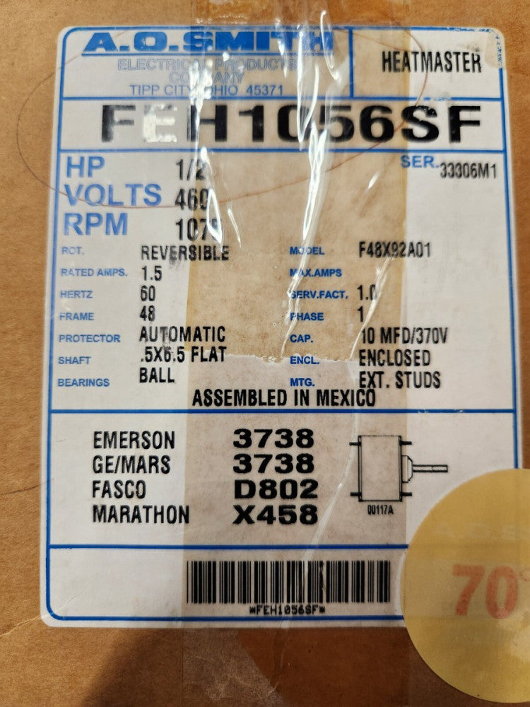 AO SMITH CENTURY FEH1056SF Condenser Fan Motor 1/2 HP, 1075 RPM 460V 60Hz NEW