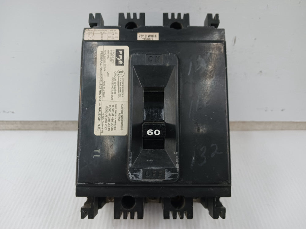 FPE Federal Pacific 60 Amp Circuit Breaker 3 Pole 480 VAC / 250 VDC NEF433060