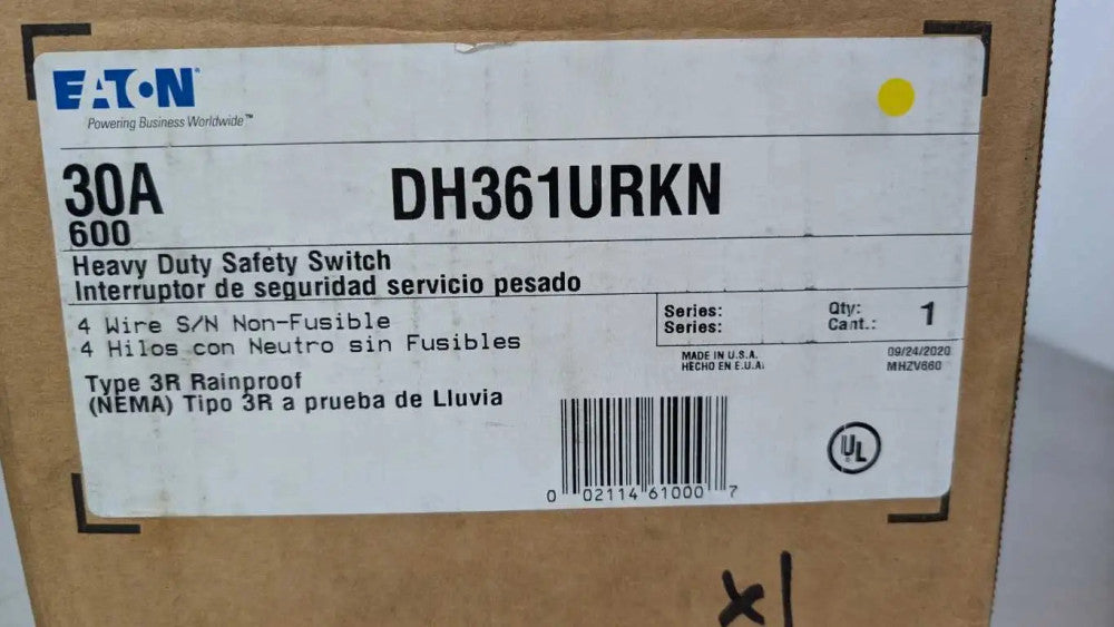 Eaton DH361URKN Heavy Duty Safety Switch 30A 600VAC 250VDC 3R Rainproof Non-Fusi