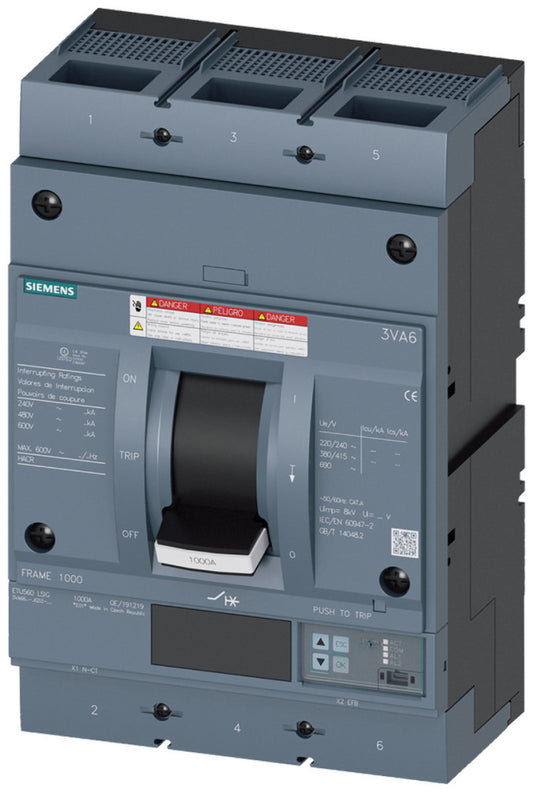 3VA6610-6JQ32-0AA0 - Siemens Bolt-On 600V 1000A 3 pole circuit breaker 65kA@480V