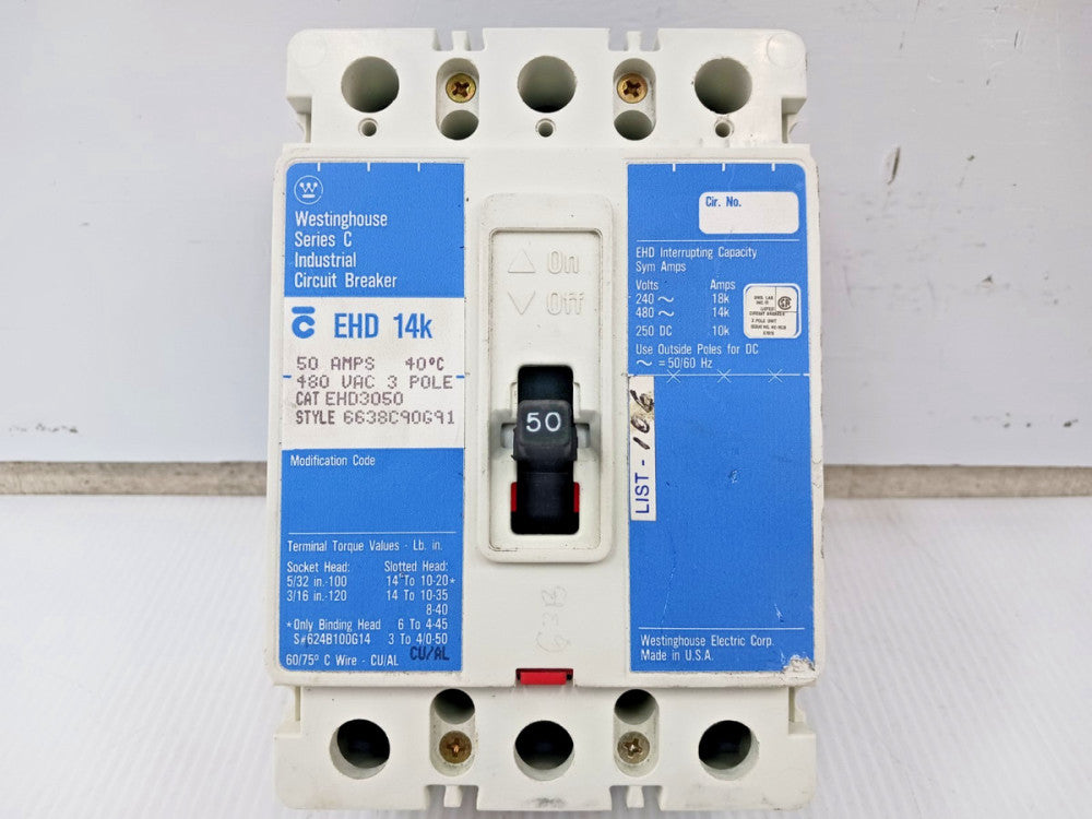 Westinghouse 50 Amp Circuit Breaker 3 Pole 480 VAC / 250 VDC 14kA EHD3050 (Flaw)