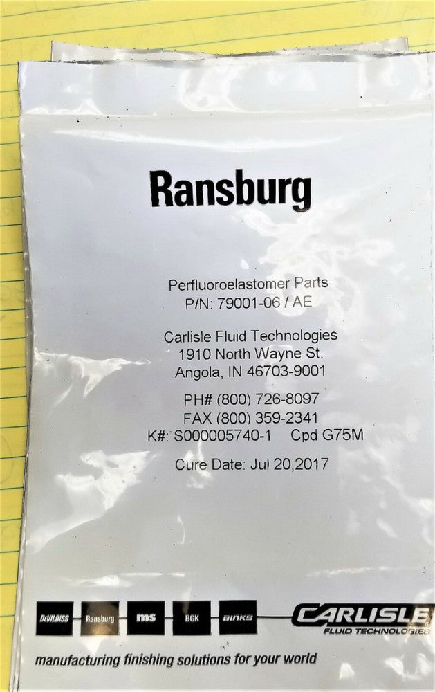 ITW Ransburg, Devilbiss 79001-06 /AE O-Ring,/ Kalrez 2-011 Cure Date 2017 [A9B4]