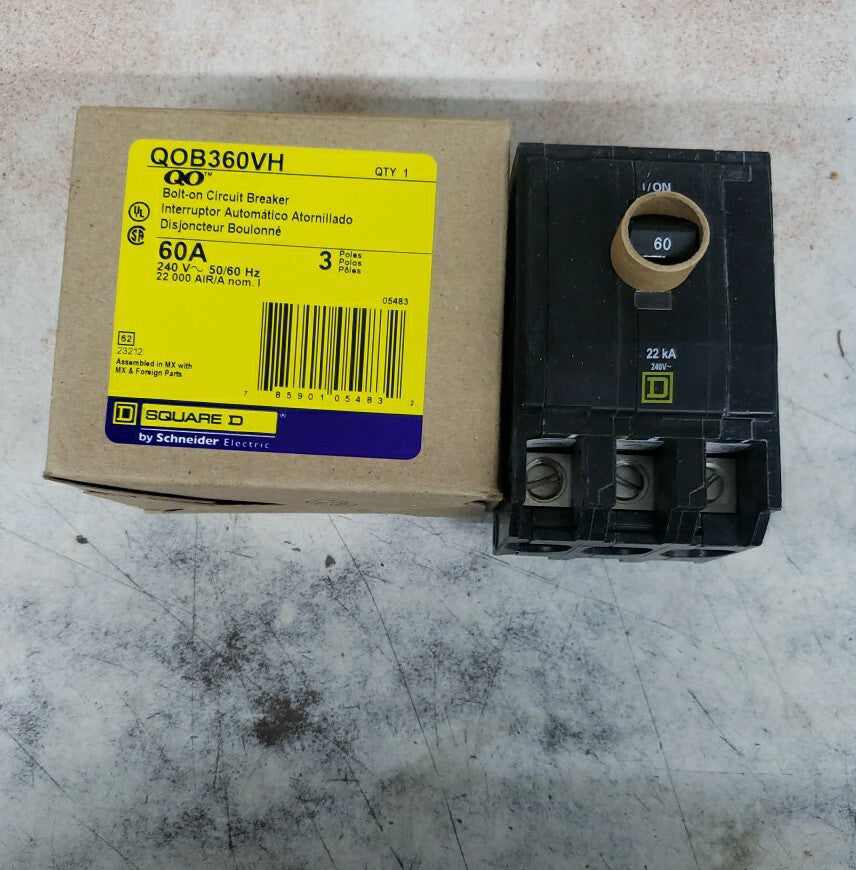 1- Square D QOB360VH 60 Amp 3 Pole 240V 22kA  Bolt On Circuit Breaker