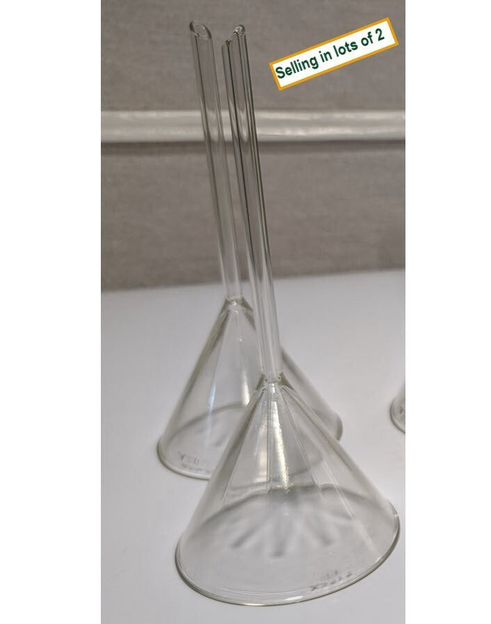 Lot of 2 Pyrex 60º Angled  Glass Laboratory Funnels, Long Stem, Fluted End 