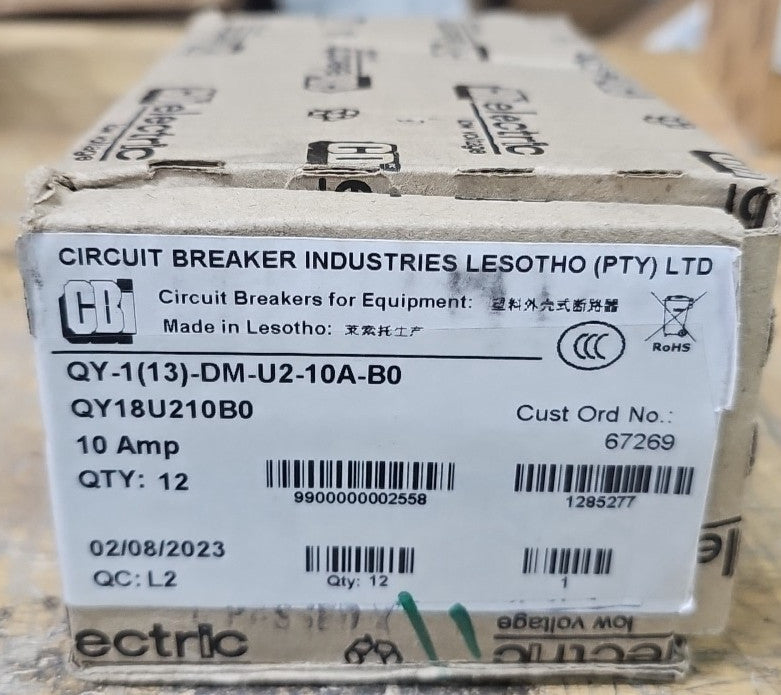 1) Box of 12 CBI 10A Circuit Breakers QY18U210B0 1 Pole Units