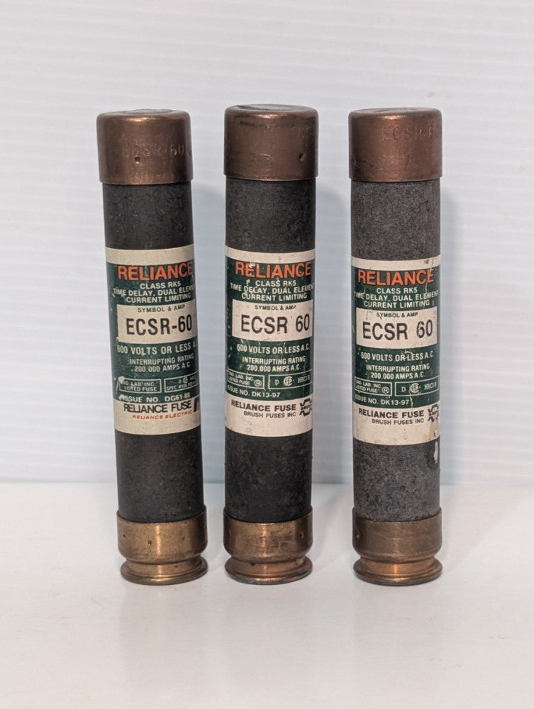 Lot of 3 Reliance ECSR 60 Class RK5 Time Delay Dual Element Fuses, 600V as shown