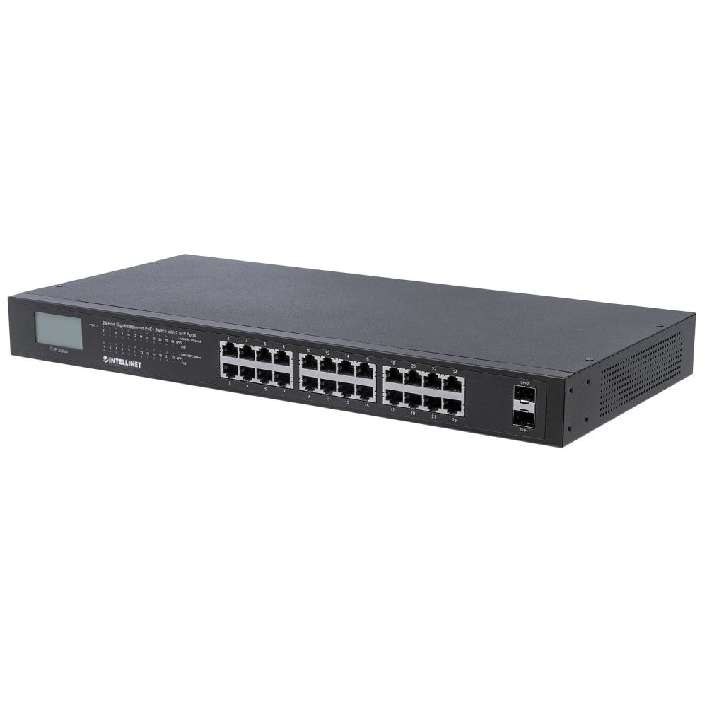 24-Port Gigabit Ethernet PoE+ Switch with 2 SFP Ports and LCD Screen