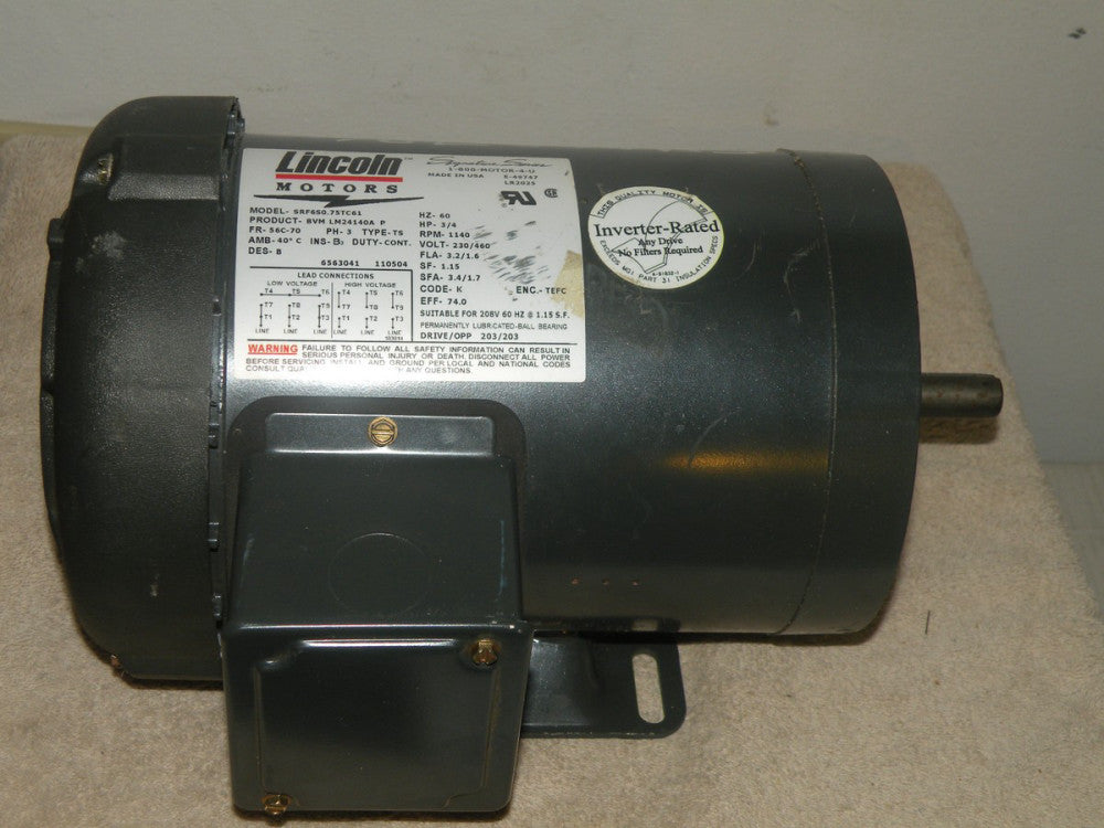 Lincoln Motor 3/4HP 1140RPM 230/460V BVM LM24140A P