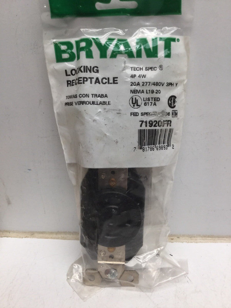 BRYANT 71920FR Locking Receptacle 20A 277/480V 3PH 4P 4W NEMA L19-20