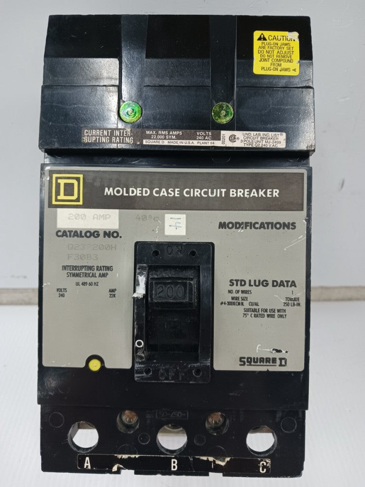 Square D 200 Amp I-Line Molded Case Circuit Breaker 3 Pole 240 VAC Q232200H
