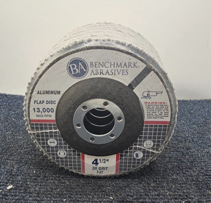 (QTY 5) Benchmark Abrasives T-27: 4-1/2" Aluminum Flap Disc 36 Grit, 13K Max RPM