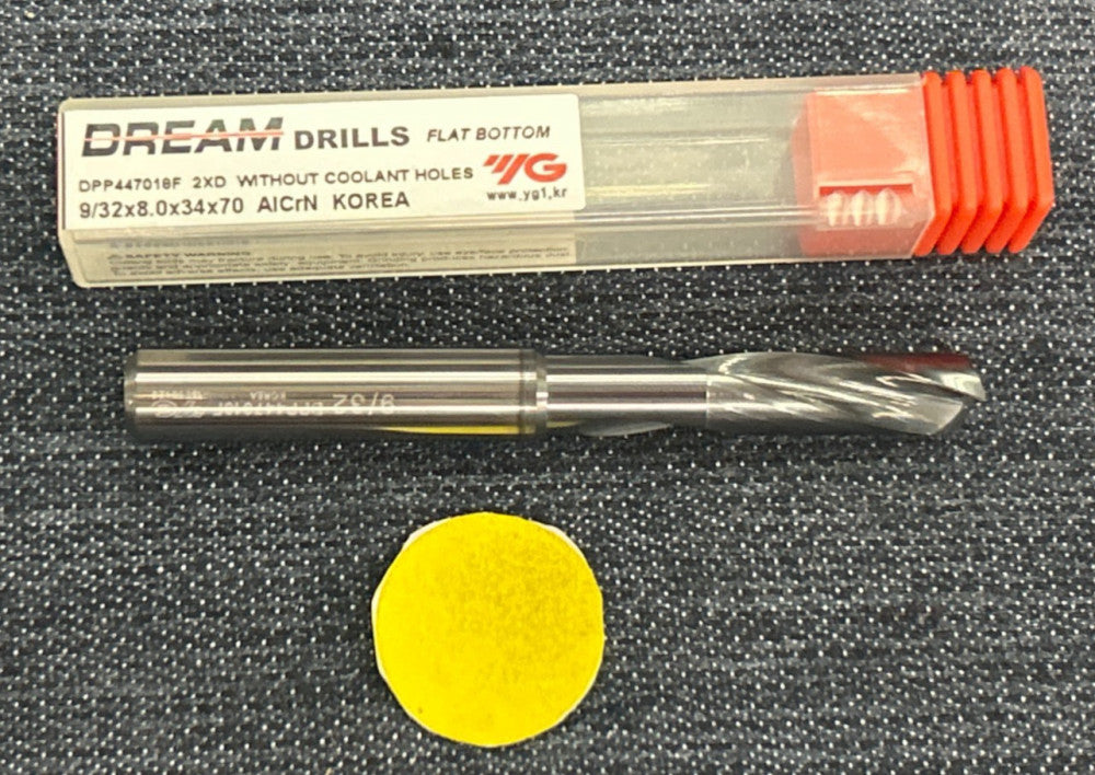 YG-1 2 FLUTE FLAT BOTTOM CARBIDE DRILL BIT  DPP447018F  9/32 X 8.0 X 34 X 70
